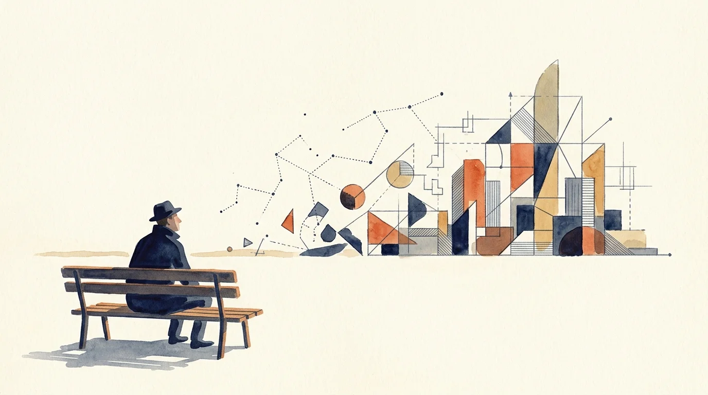 Man in a hat sitting on a bench, looking at an abstract watercolor cityscape of geometric shapes and dotted charts.