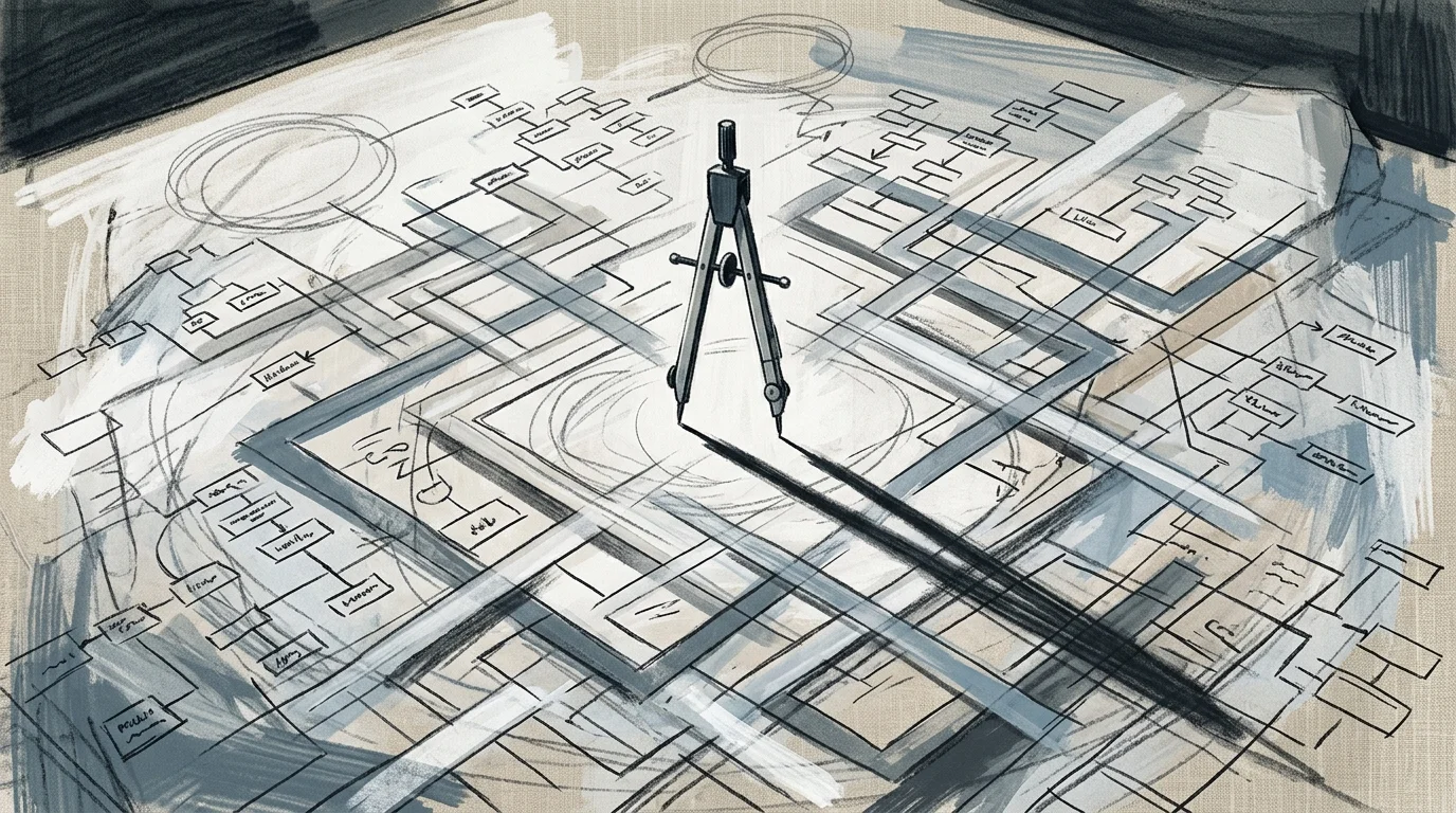 Illustration of a drafting compass standing in the center of complex, overlapping flowcharts and geometric blueprints.