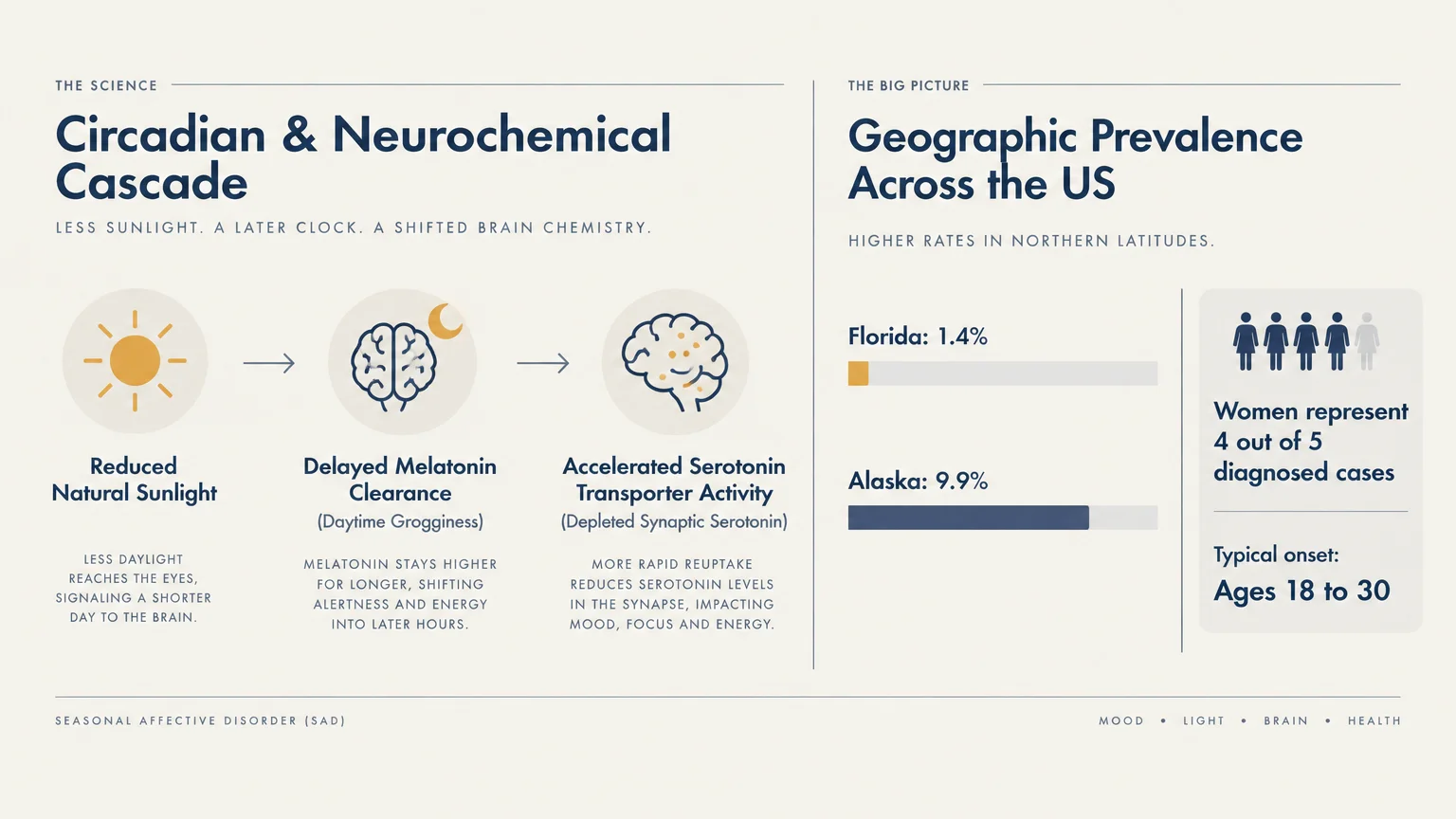 Infographic showing the neurochemical cascade of SAD alongside US geographic prevalence and demographic statistics.