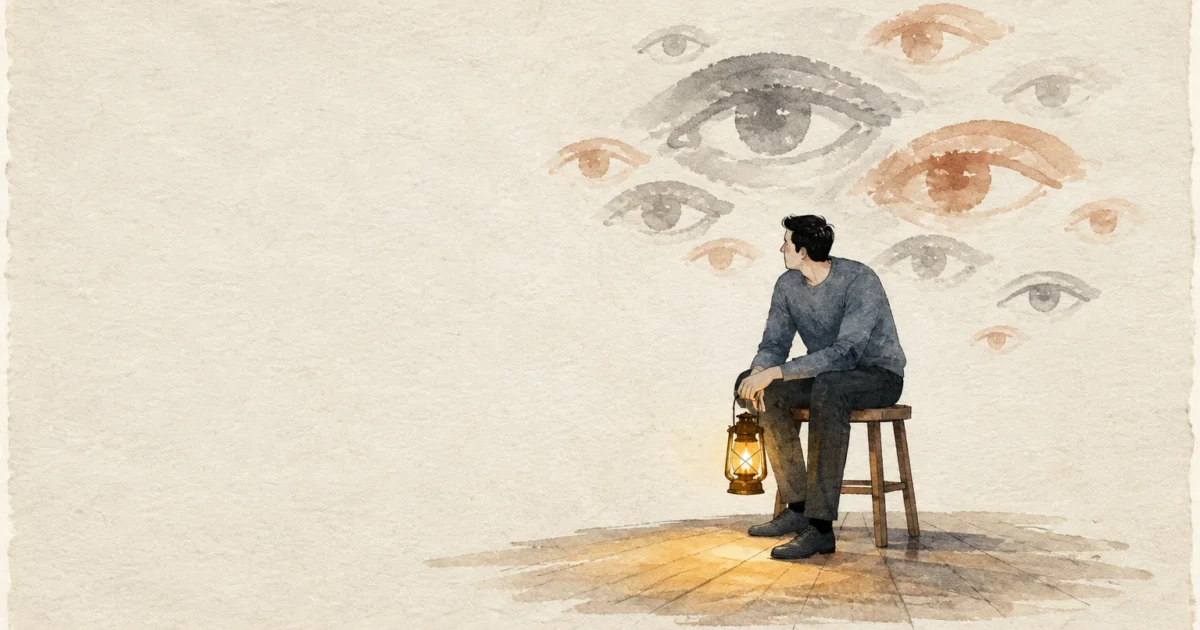 Watercolor illustration of a man sitting on a wooden stool with a lantern, surrounded by floating painted eyes.