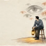 Watercolor illustration of a man sitting on a wooden stool with a lantern, surrounded by floating painted eyes.