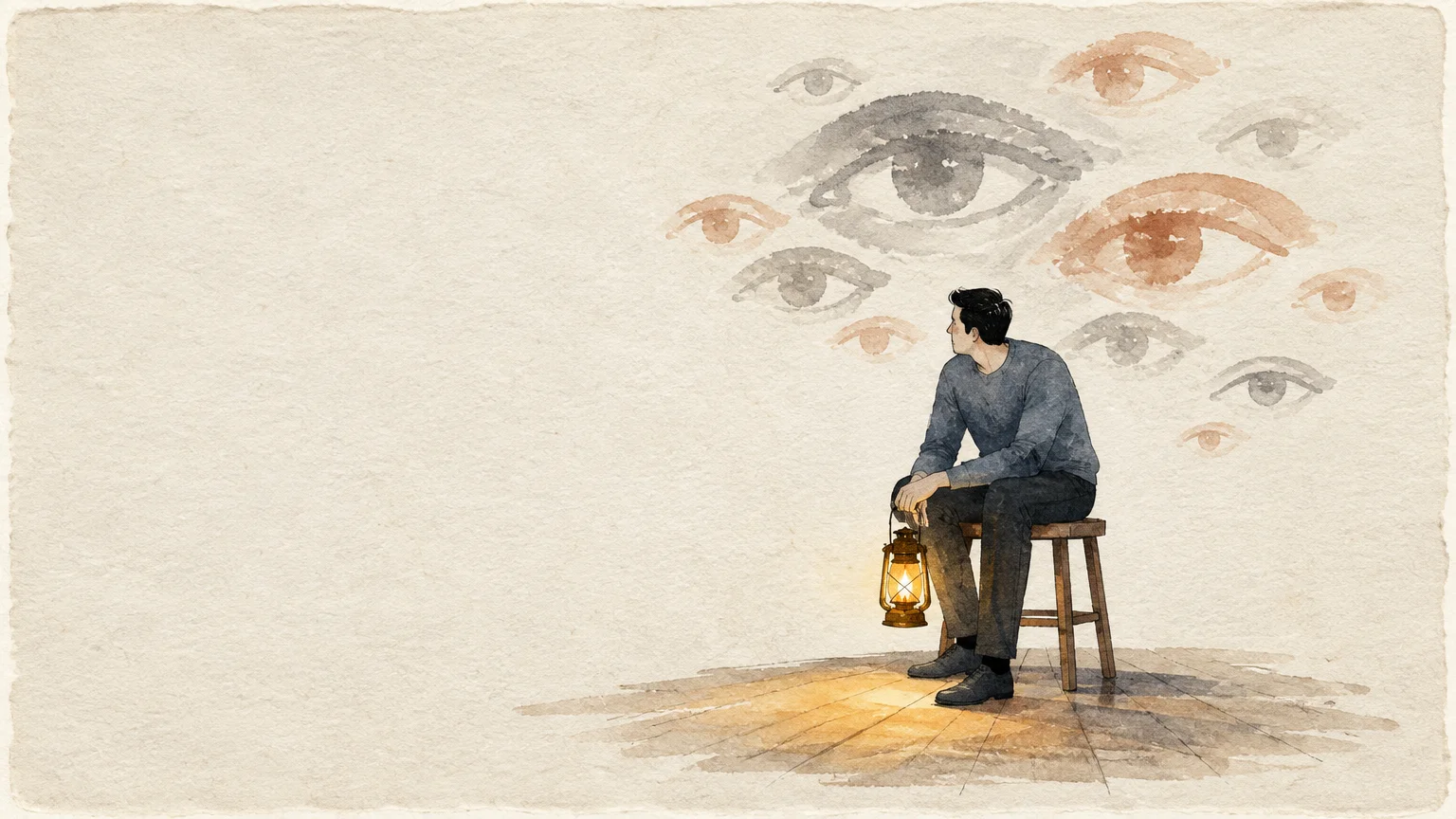 Watercolor illustration of a man sitting on a wooden stool with a lantern, surrounded by floating painted eyes.