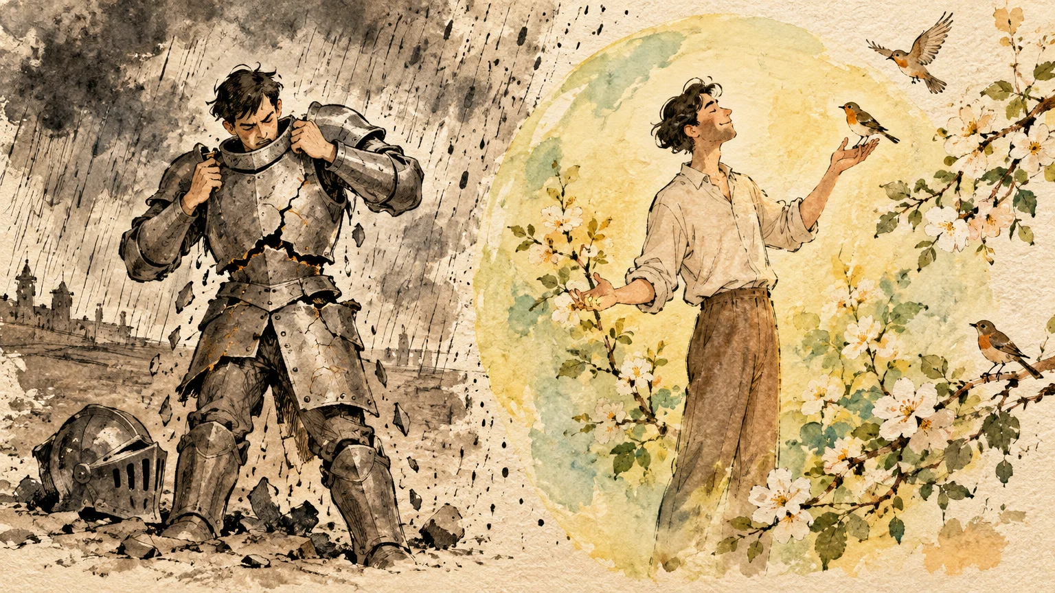 Illustration of a knight shedding cracked armor in the rain beside a smiling man standing among sunny blossoms with birds.