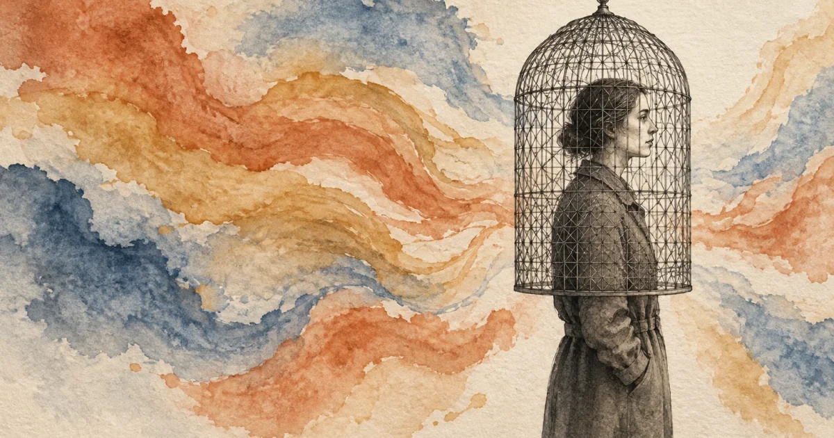 Illustration of a woman in a coat with a birdcage covering her head, against swirling blue and orange watercolor waves.