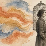 Illustration of a woman in a coat with a birdcage covering her head, against swirling blue and orange watercolor waves.