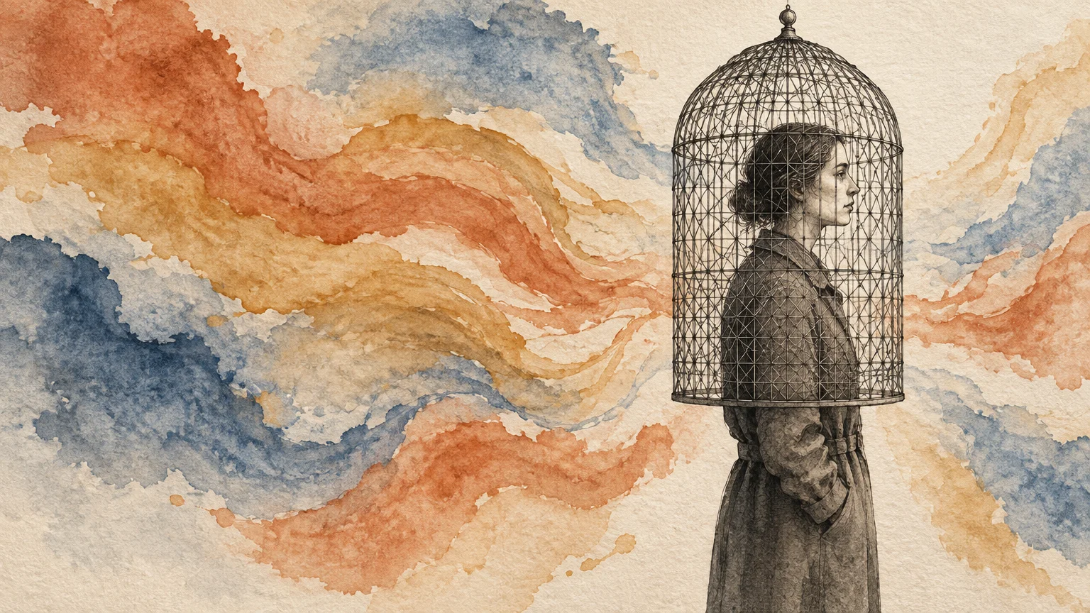 Illustration of a woman in a coat with a birdcage covering her head, against swirling blue and orange watercolor waves.