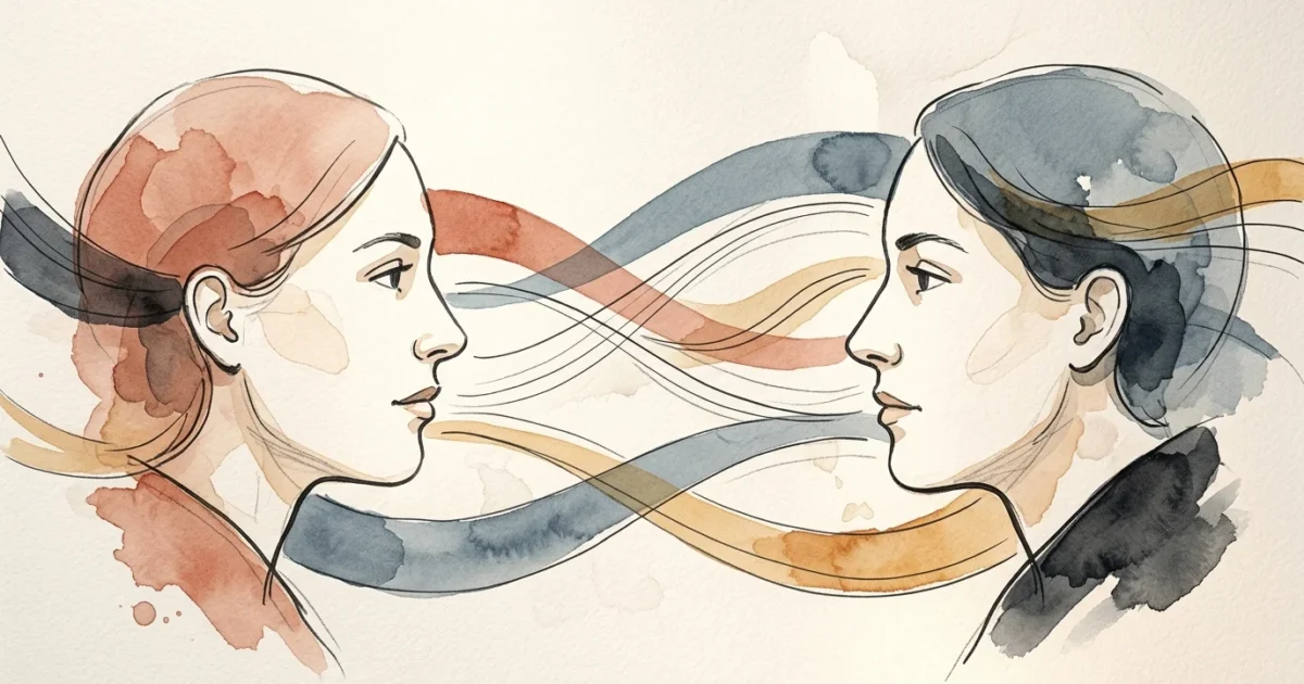 Watercolor illustration of two faces facing each other in profile, connected by flowing blue, orange, and black lines.