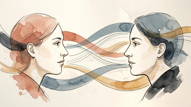 Watercolor illustration of two faces facing each other in profile, connected by flowing blue, orange, and black lines.