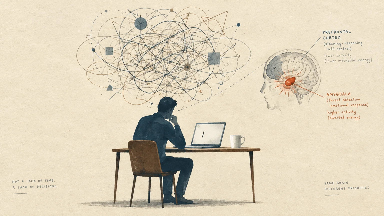 Illustration of a man sitting before a laptop under tangled scribbles, alongside a diagram of the brain.