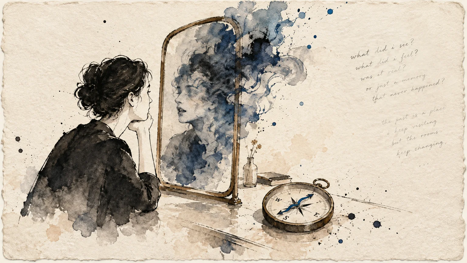 Watercolor illustration of a woman looking at her smoky reflection in a mirror next to a compass on a table.