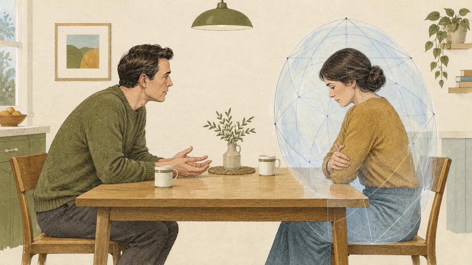 Illustration of a man talking across a wooden table to a woman who is enclosed inside a geometric protective bubble.