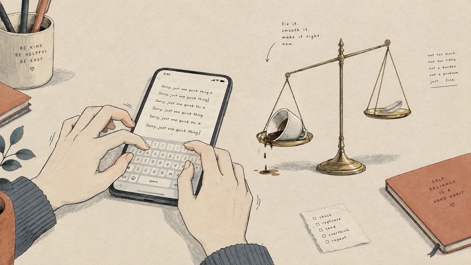 Hands repeatedly type an apology on a smartphone beside a balance scale holding a spilled coffee cup and a feather.