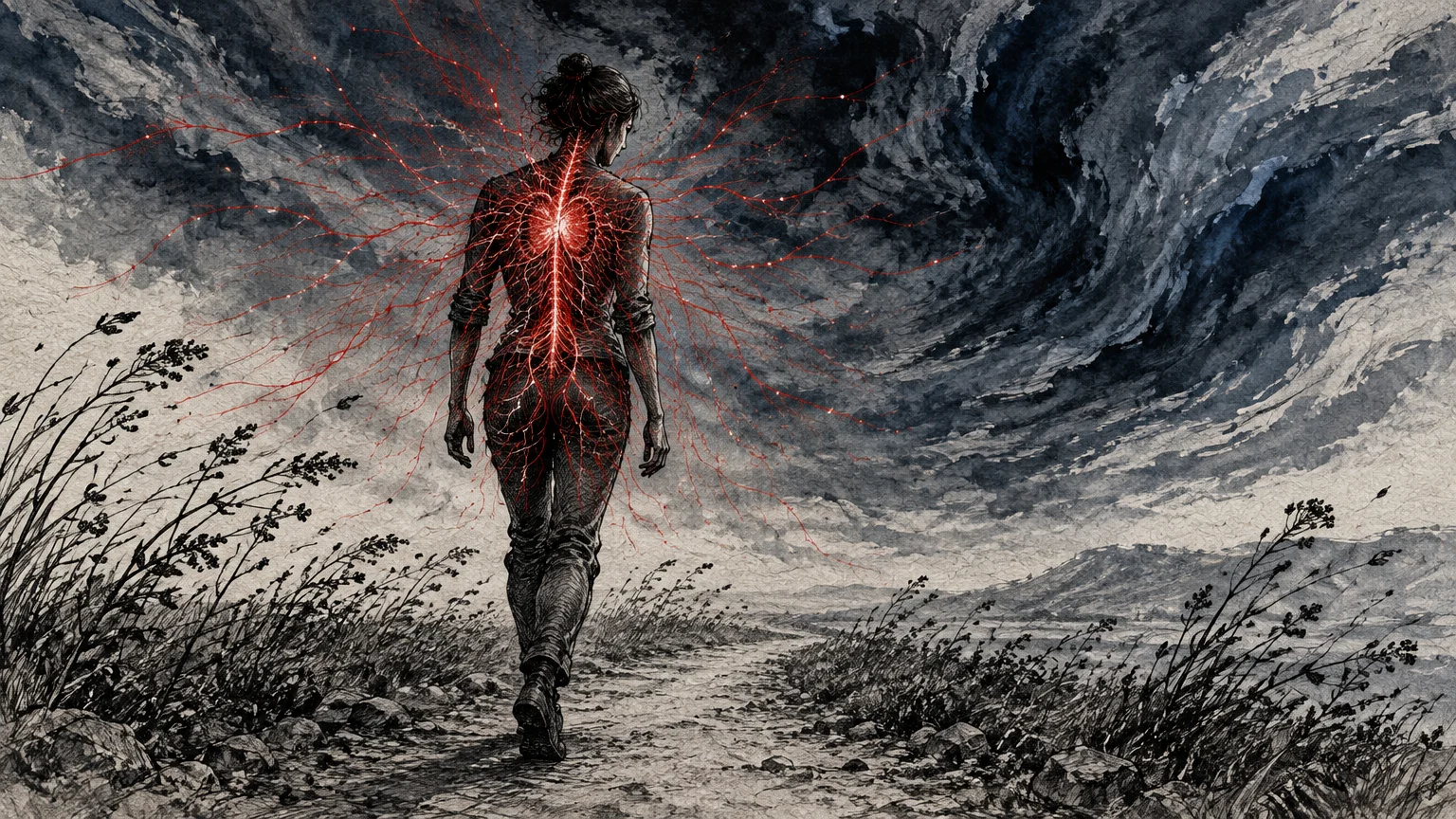 A person walks on a dirt trail under stormy skies with glowing red nerve-like branches radiating from their spine.