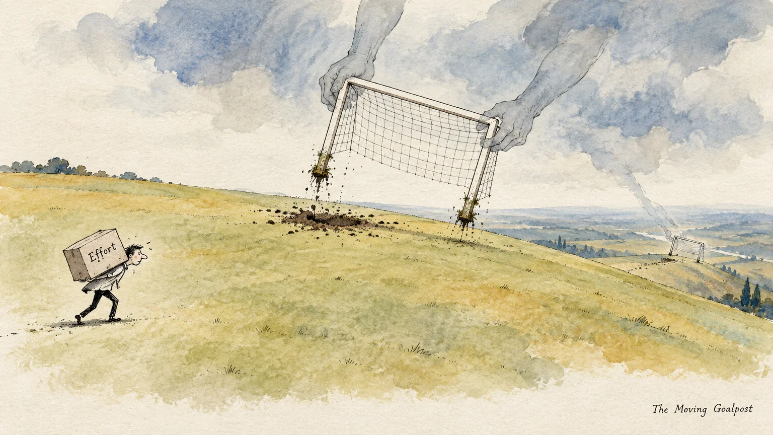 A man carries an Effort box uphill as giant hands in the clouds lift and move a soccer goal out of reach.