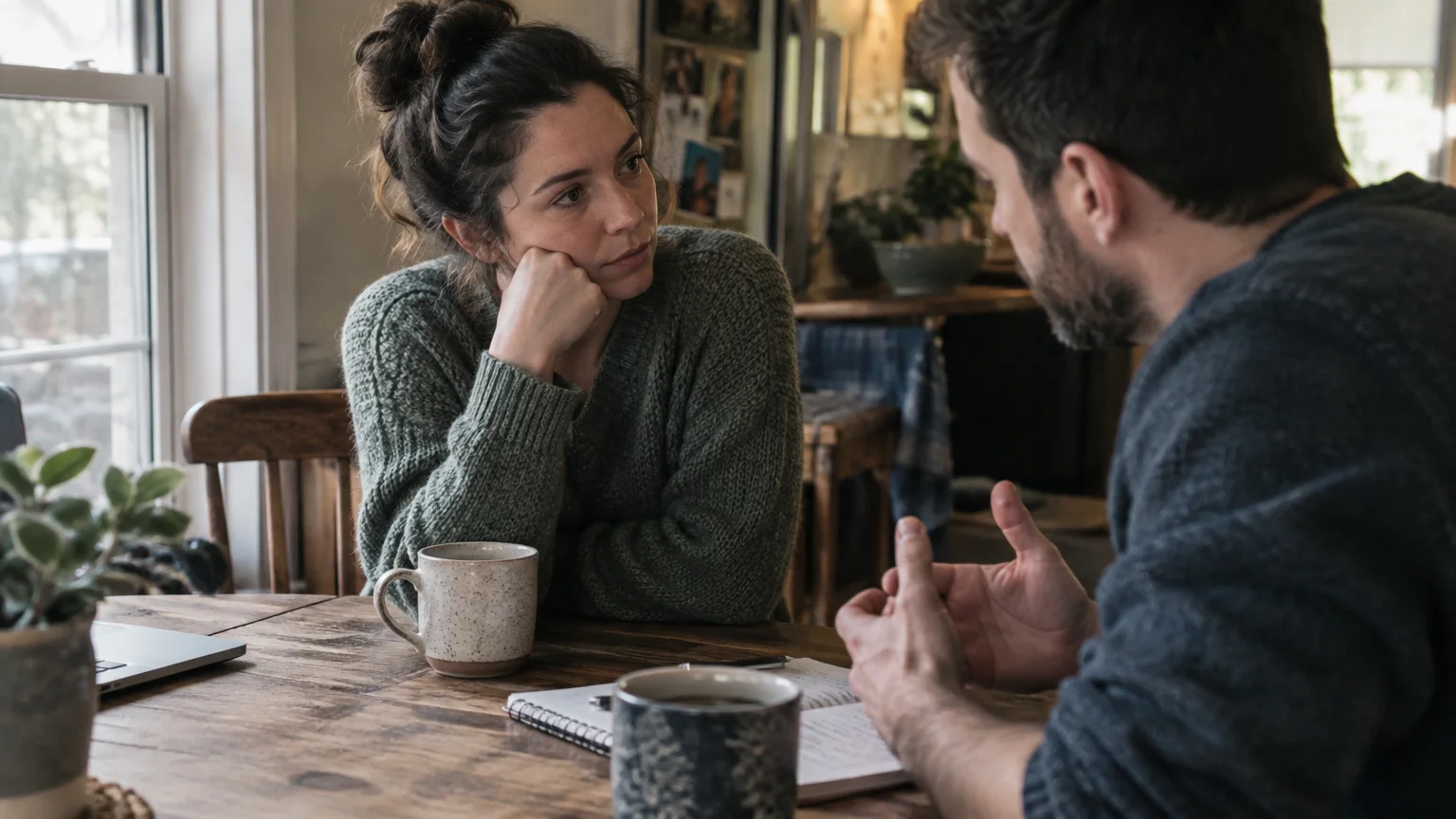 A woman rests her chin on her hand, listening to a man speaking across a wooden table with coffee mugs.