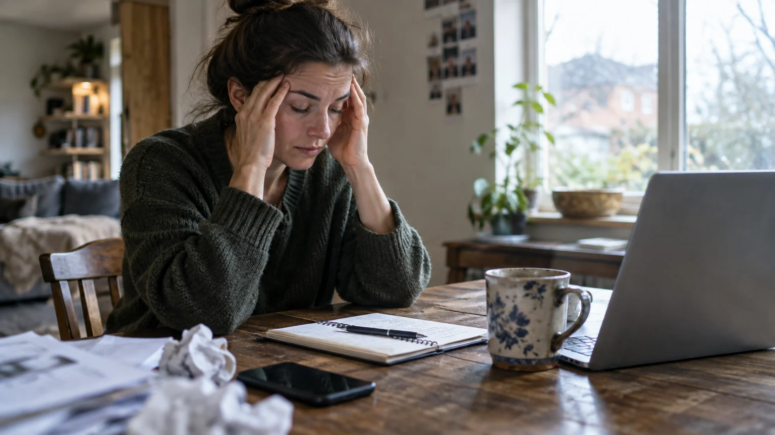 A stressed woman rests her head in her hands at a wooden table with a laptop, notebook, mug, and papers.