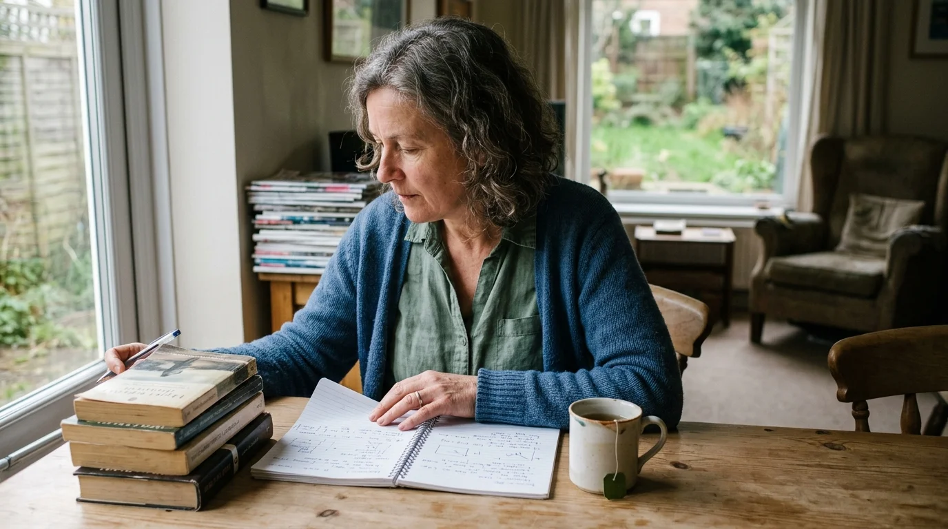 A woman sitting at a wooden table studying a notebook beside a stack of books and a mug of tea.