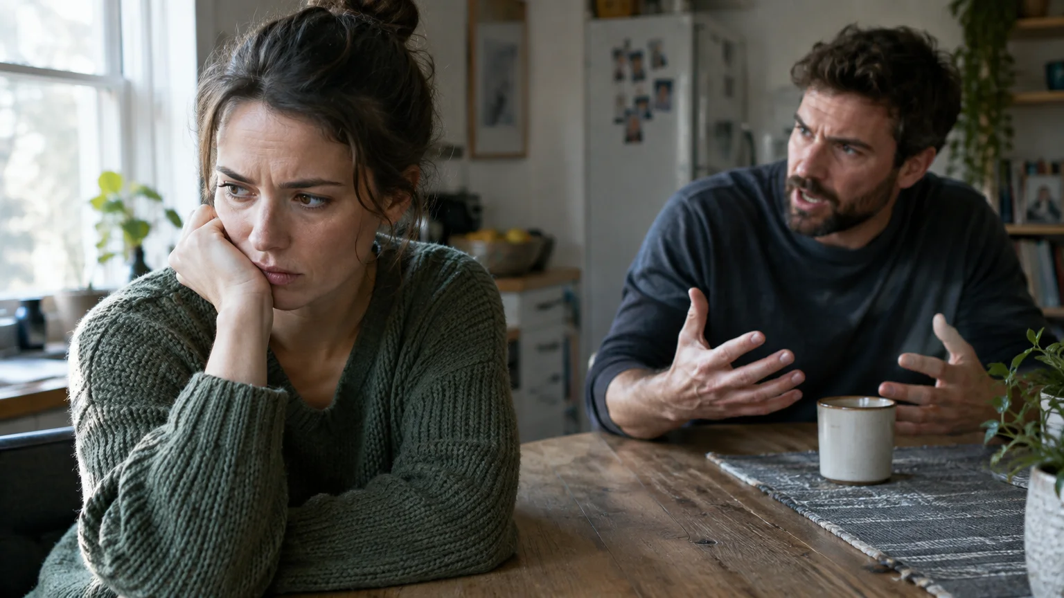 A woman rests her chin on her hand looking away while a man gestures frustratedly across a wooden dining table.