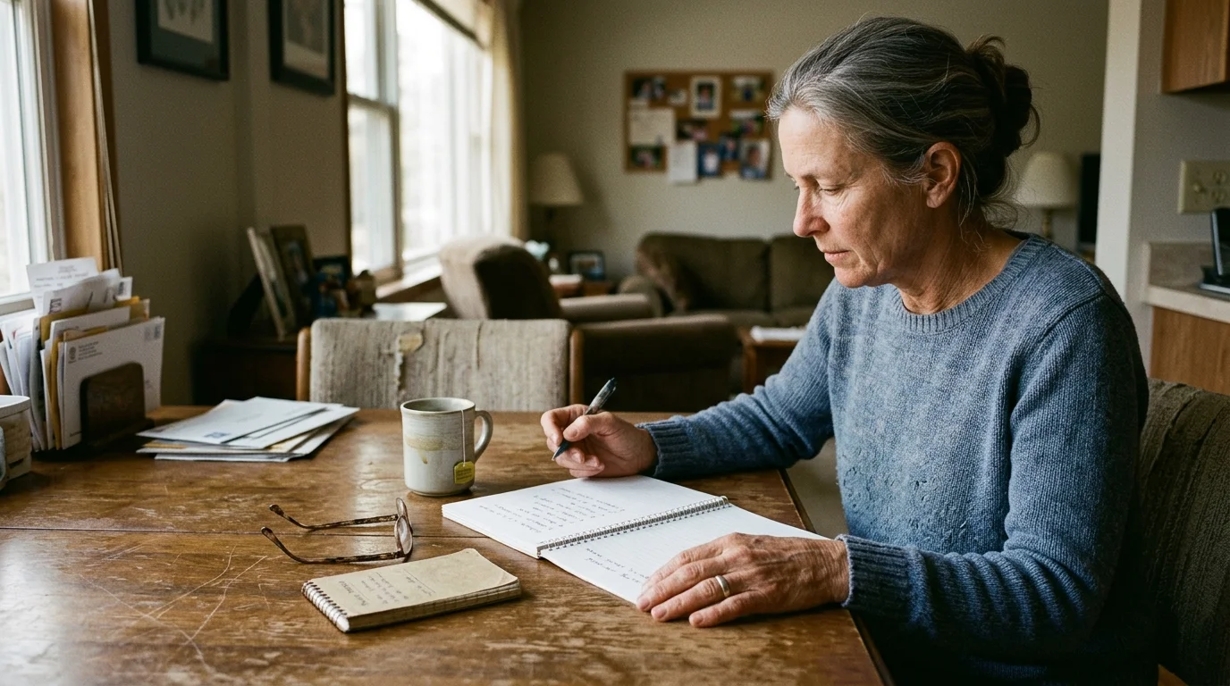 A woman with graying hair sits at a wooden table writing in a spiral notebook near a cup of tea.
