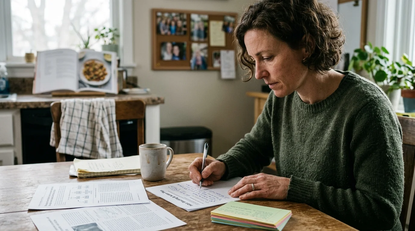 A woman sitting at a dining table writing on paper alongside printed notes, index cards, and a mug.