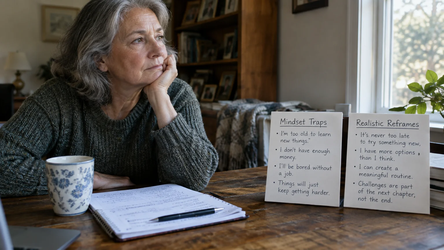A thoughtful older woman sits at a table beside handwritten cards titled Mindset Traps and Realistic Reframes.