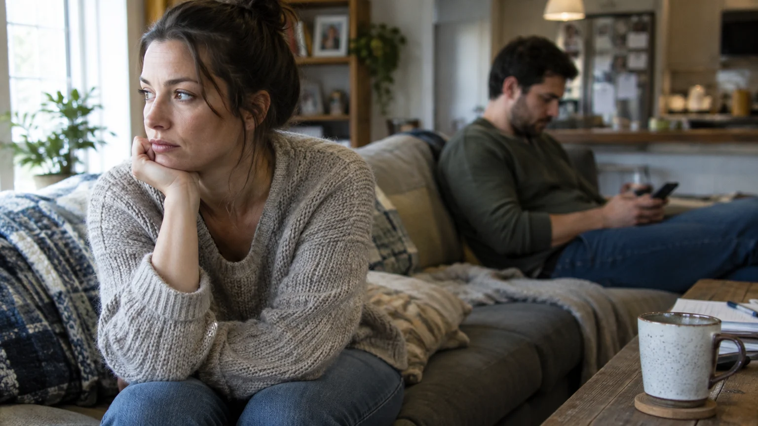 A thoughtful woman rests her chin on her hand while a man sits looking at his phone on the same sofa.