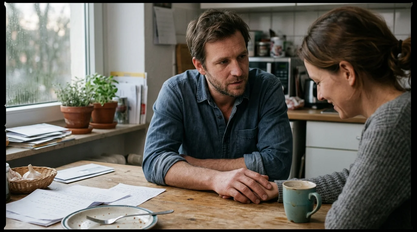 A man and woman sit across from each other at a kitchen table, holding hands during a conversation over coffee.