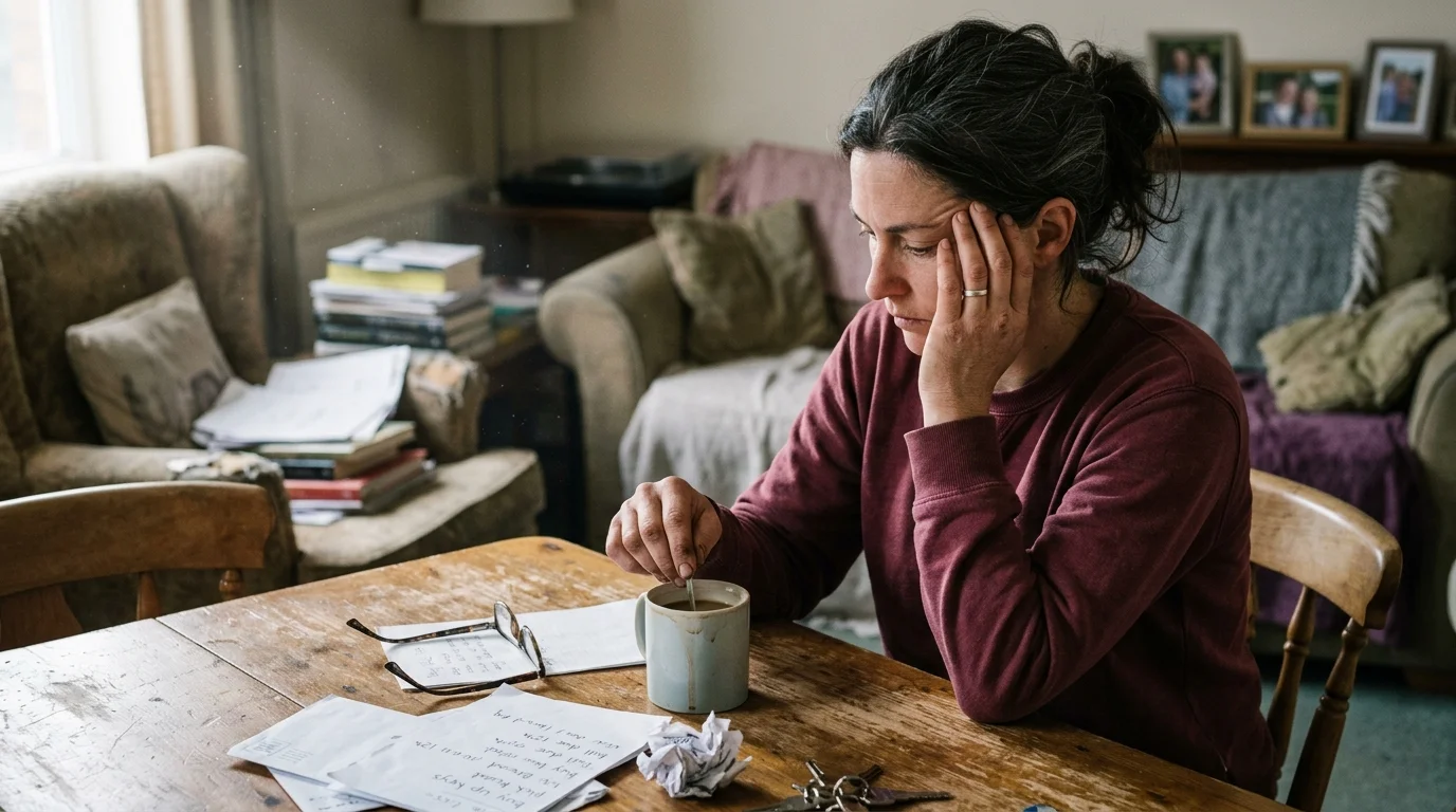 Woman resting her head in her hand while stirring a mug at a wooden table covered with papers.