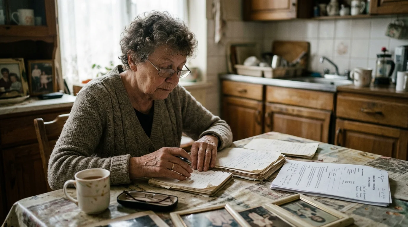 An older woman with glasses sitting at a kitchen table reviewing paperwork, notebooks, and framed photographs.