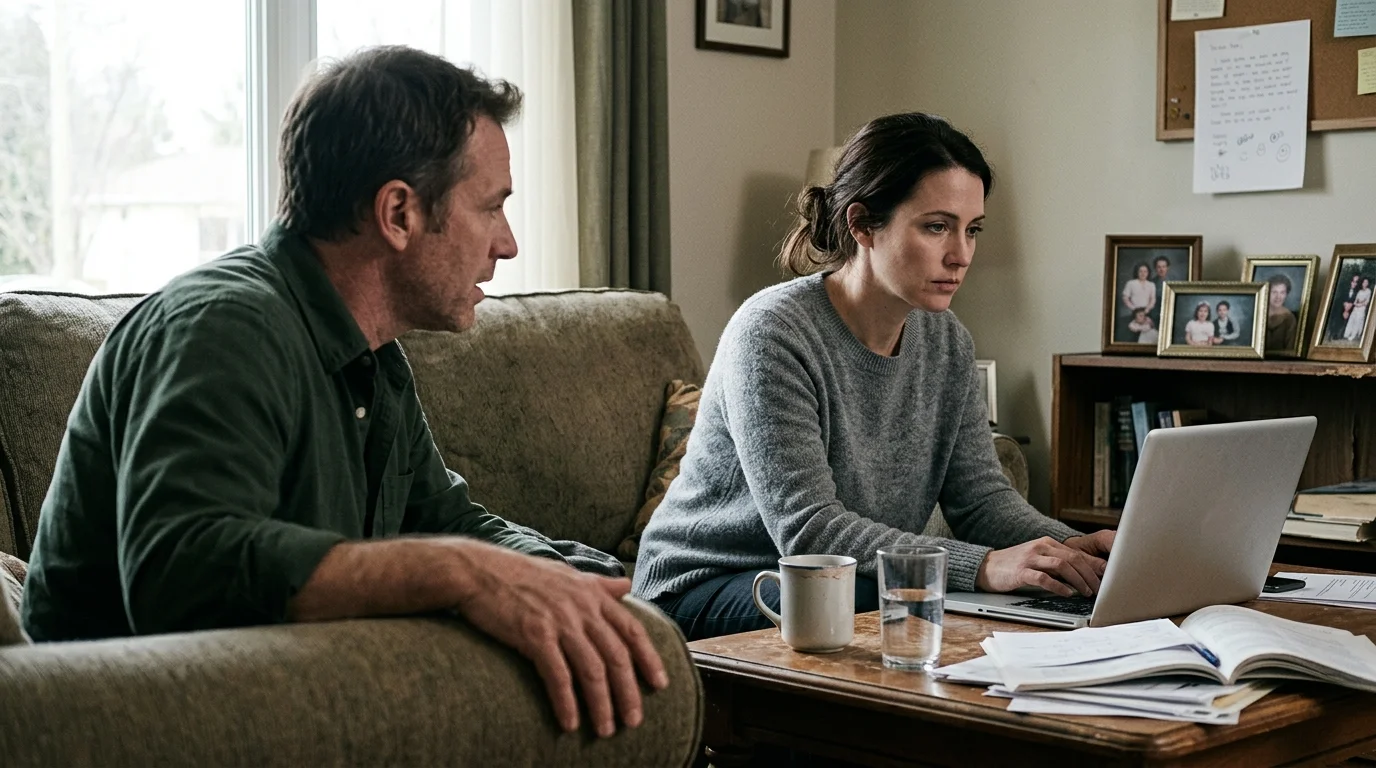 A man on an armchair speaks intensely to a woman working on a laptop at a coffee table in a living room.