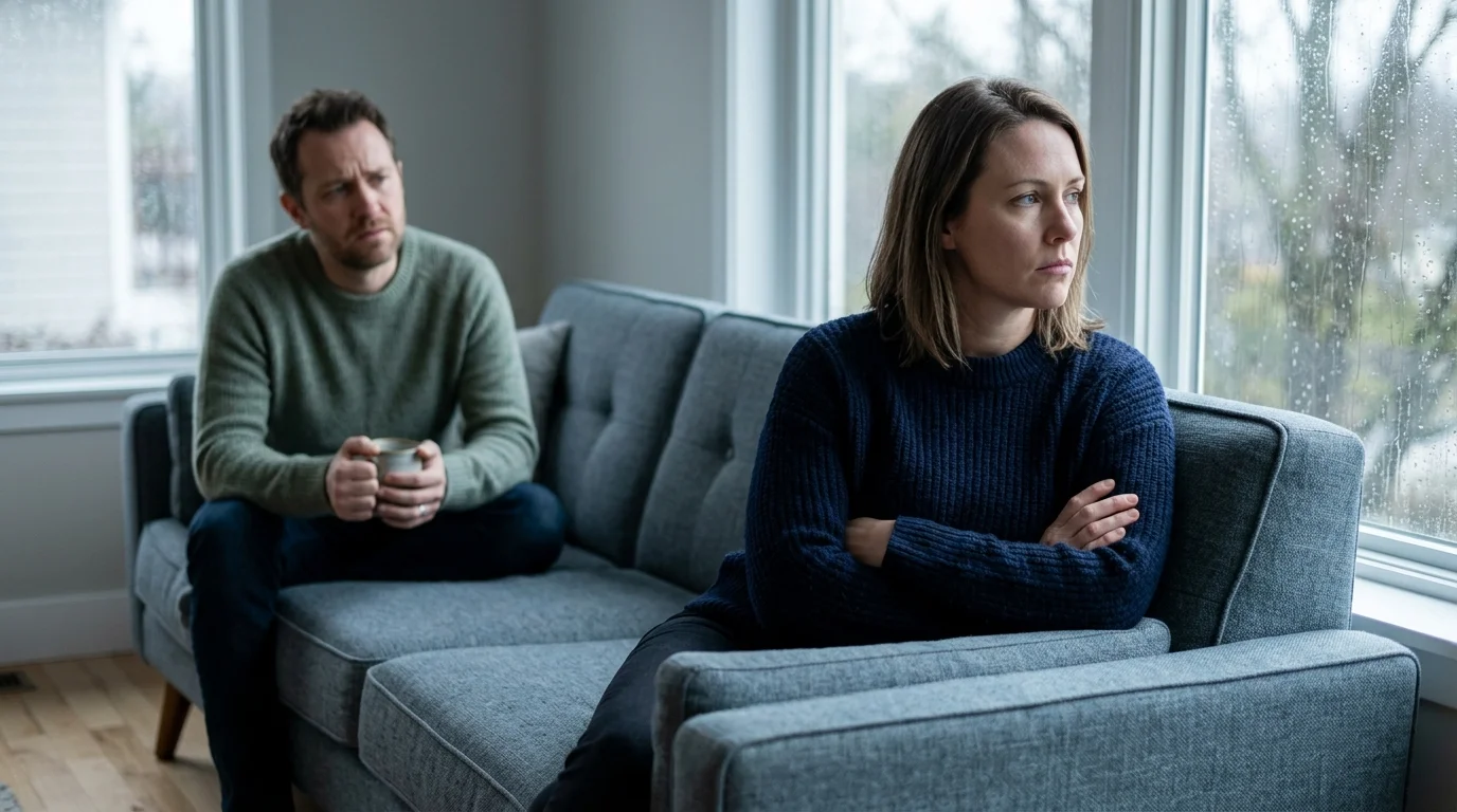 A woman sits with crossed arms looking out a window while a man sits beside her on a grey couch holding a mug.