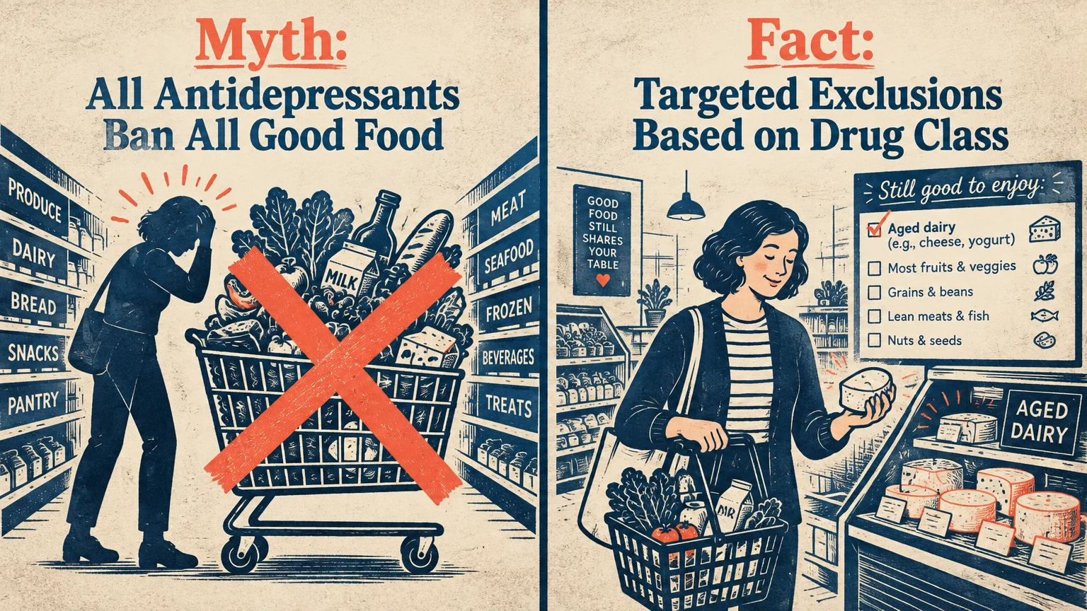Split illustration comparing a stressed shopper with a crossed-out cart to a smiling shopper choosing aged dairy.