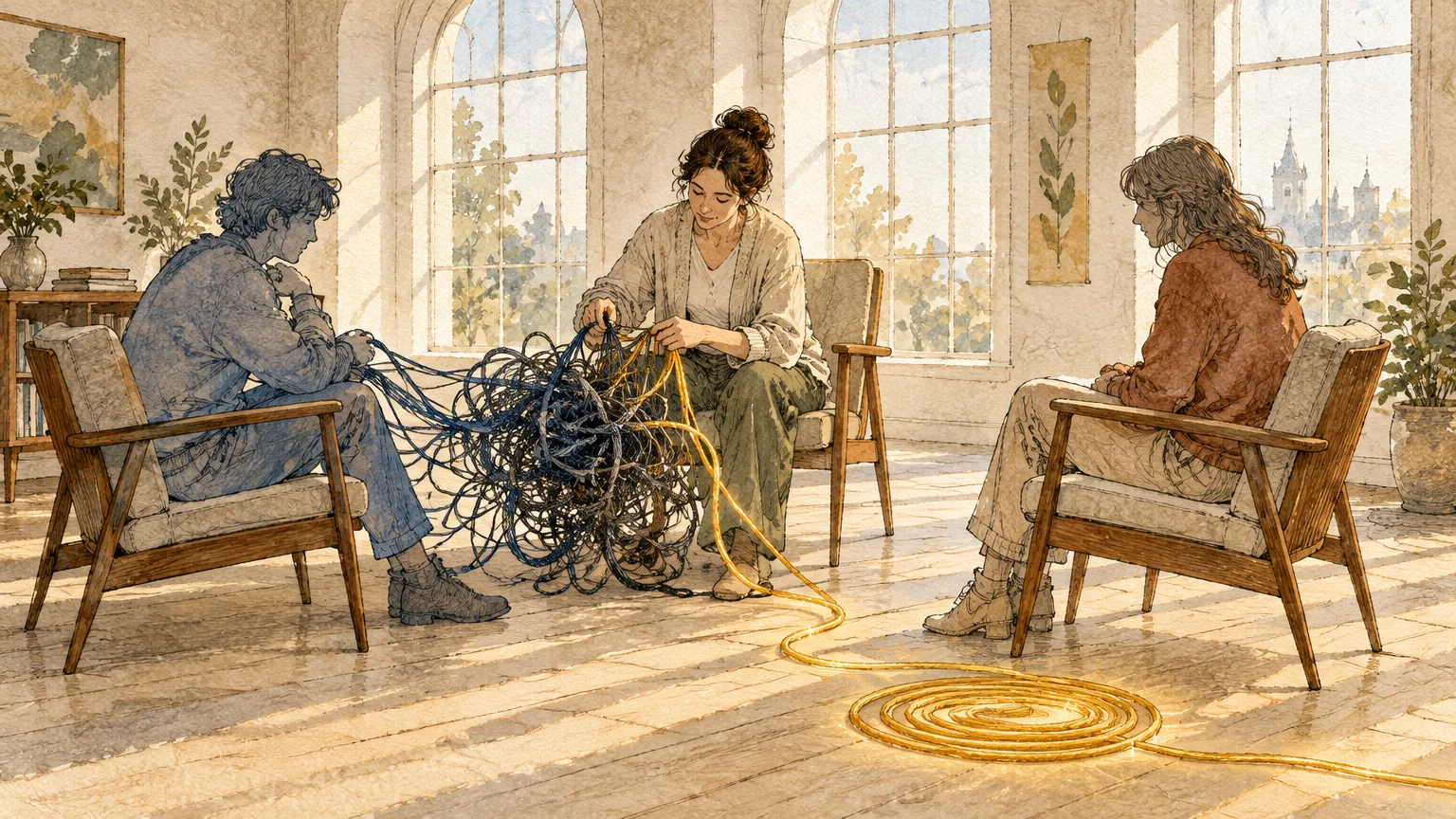 Illustration of a woman untangling a large knot of cords between a seated man and woman in a sunlit room.
