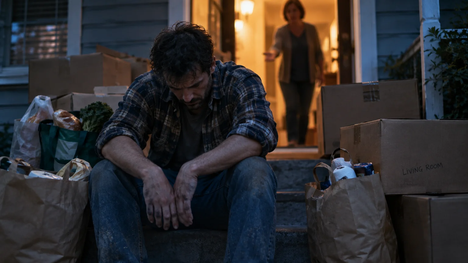 Exhausted man sitting on porch steps surrounded by moving boxes and groceries as a woman reaches out from the doorway.