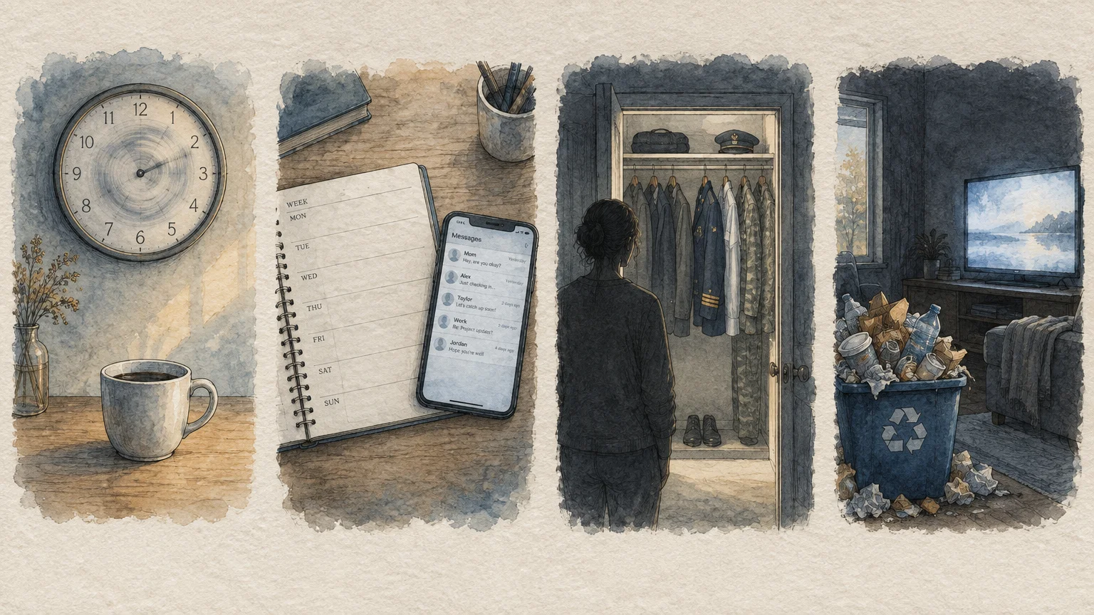 Watercolor panels showing a clock with coffee, an empty planner by a phone, a person facing a closet, and full trash by a TV.