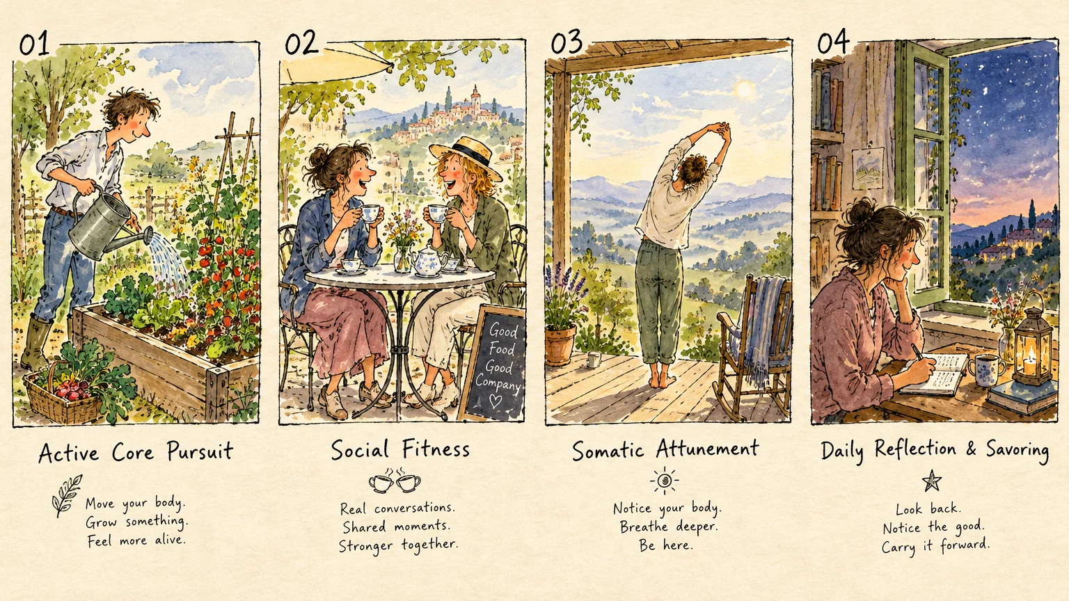 Four illustrated panels showing gardening, having tea with a friend, stretching on a porch, and writing in a journal.