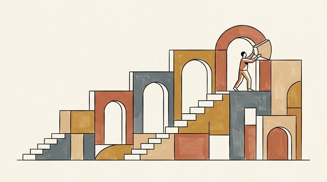 Illustration of a person placing a stone into an archway atop an ascending structure made of geometric arches and stairs.