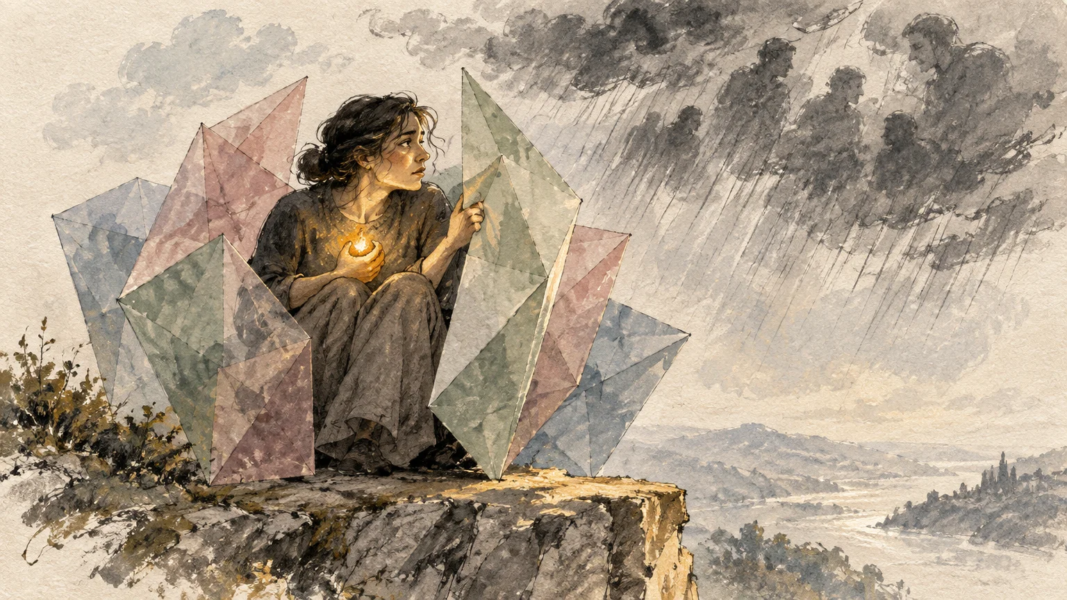Illustration of a woman holding a glowing light on a cliff, sheltered by geometric crystals under stormy cloud figures.
