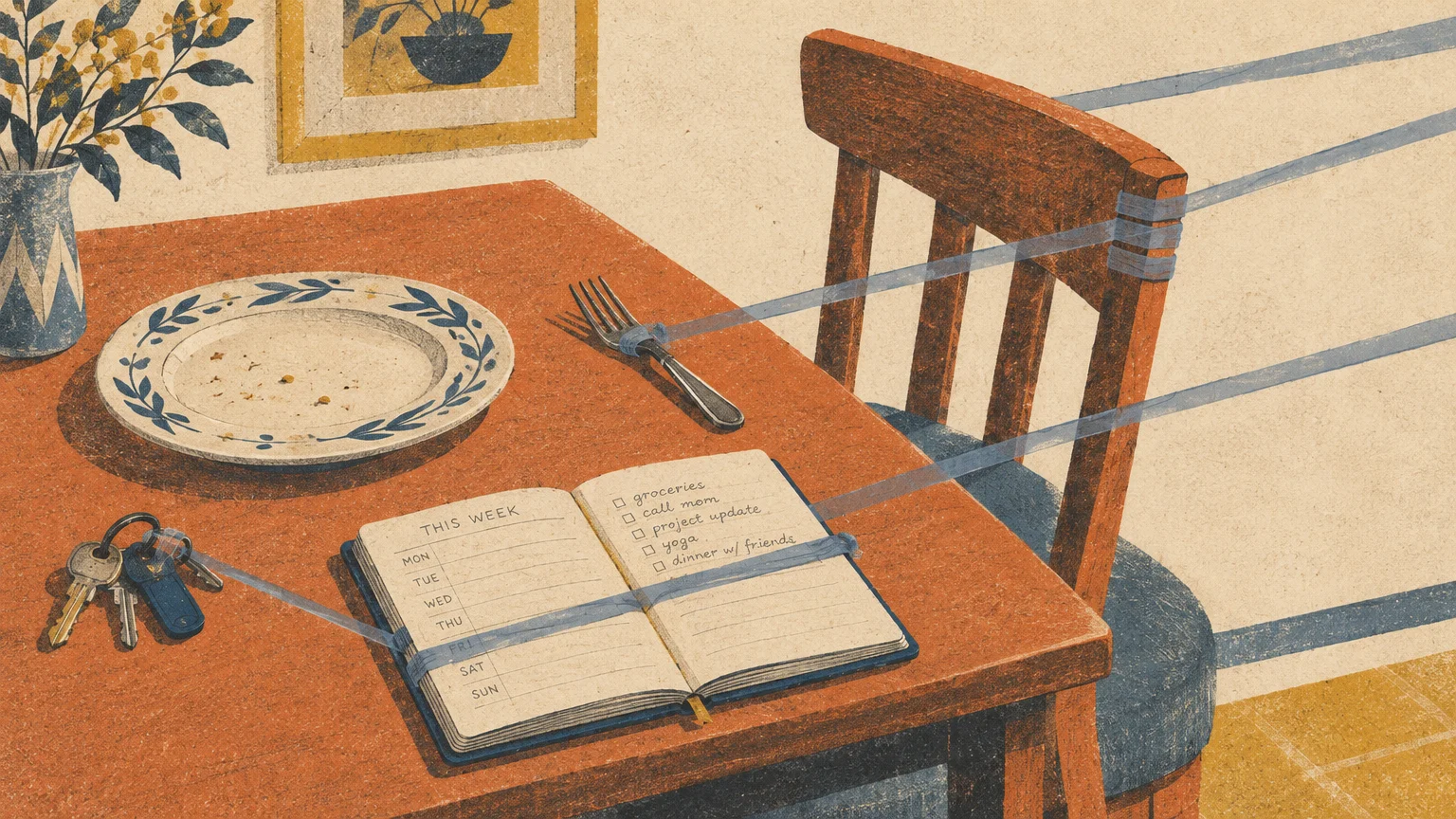 Illustration of keys, a planner, a fork, and a wooden chair all bound to the right by taut blue ribbons.
