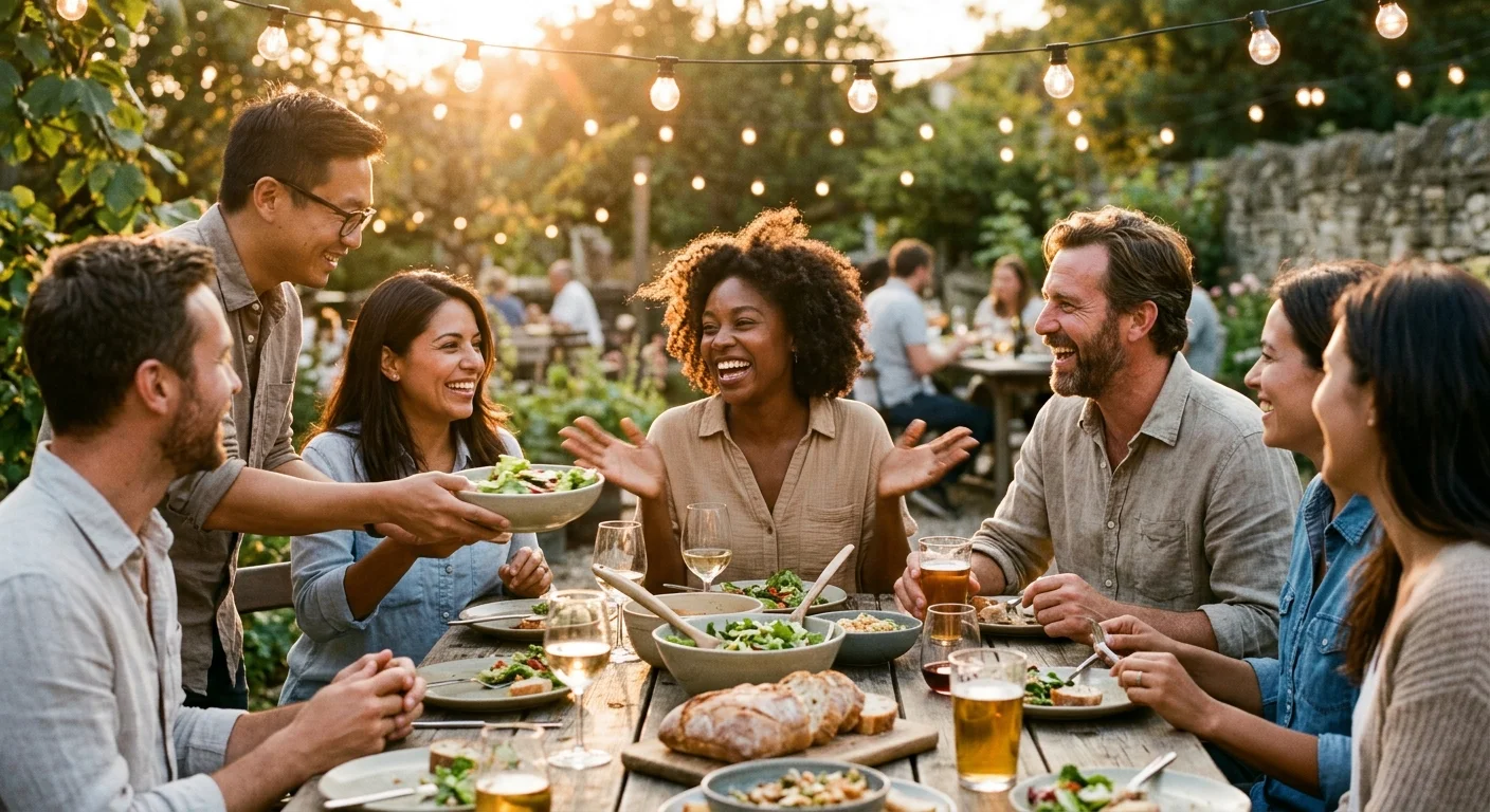 Group of smiling friends sharing a meal at an outdoor wooden table under hanging string lights at sunset.