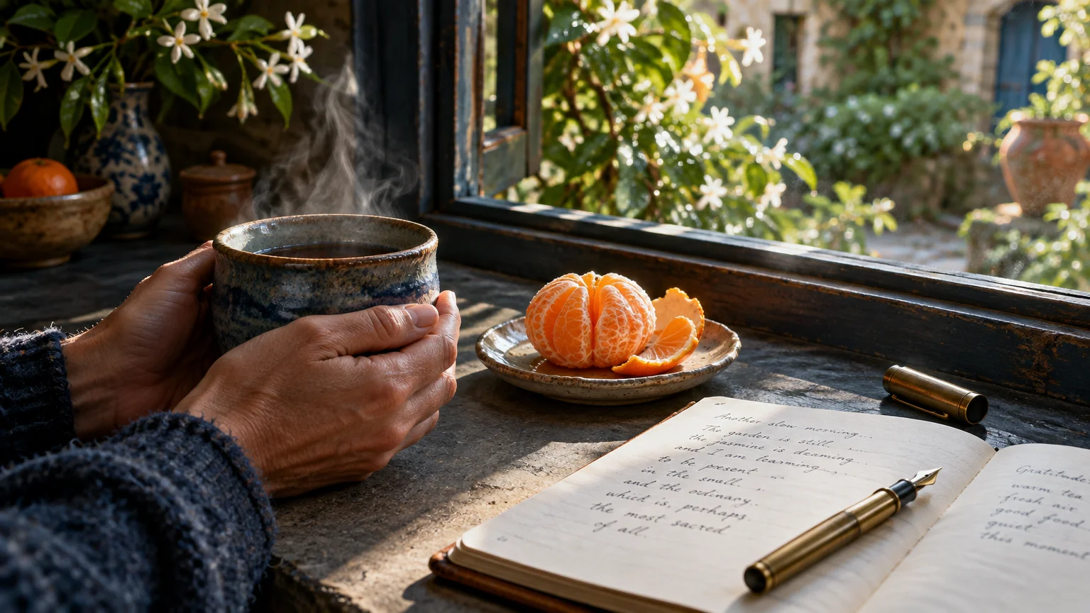 Hands hold a steaming mug on a sunny windowsill next to a peeled tangerine, open journal, and pen facing a garden.