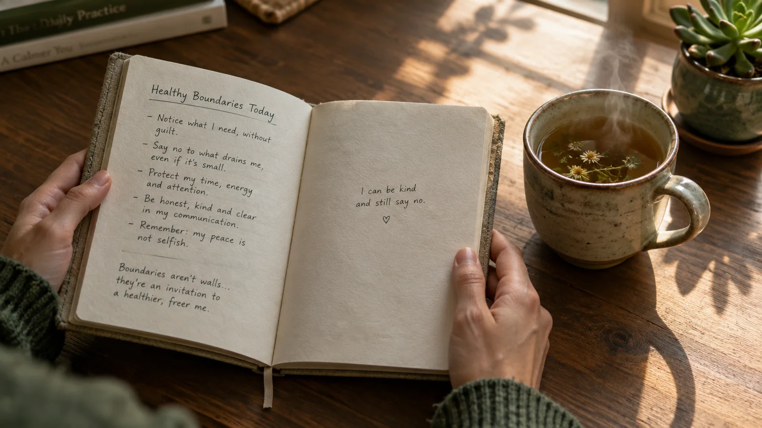 Open journal with handwritten notes on healthy boundaries beside a steaming mug of herbal tea on a wooden desk.