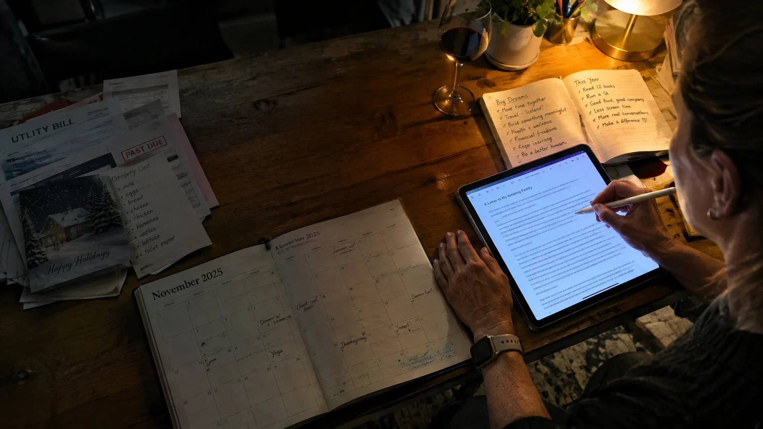 Person writing on a tablet with a stylus at a wooden desk surrounded by open planners, notebooks, and bills.