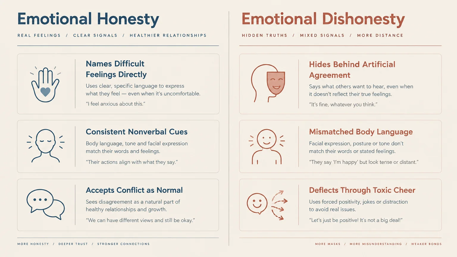 Infographic comparing emotional honesty and emotional dishonesty traits with icons and explanatory text side by side.
