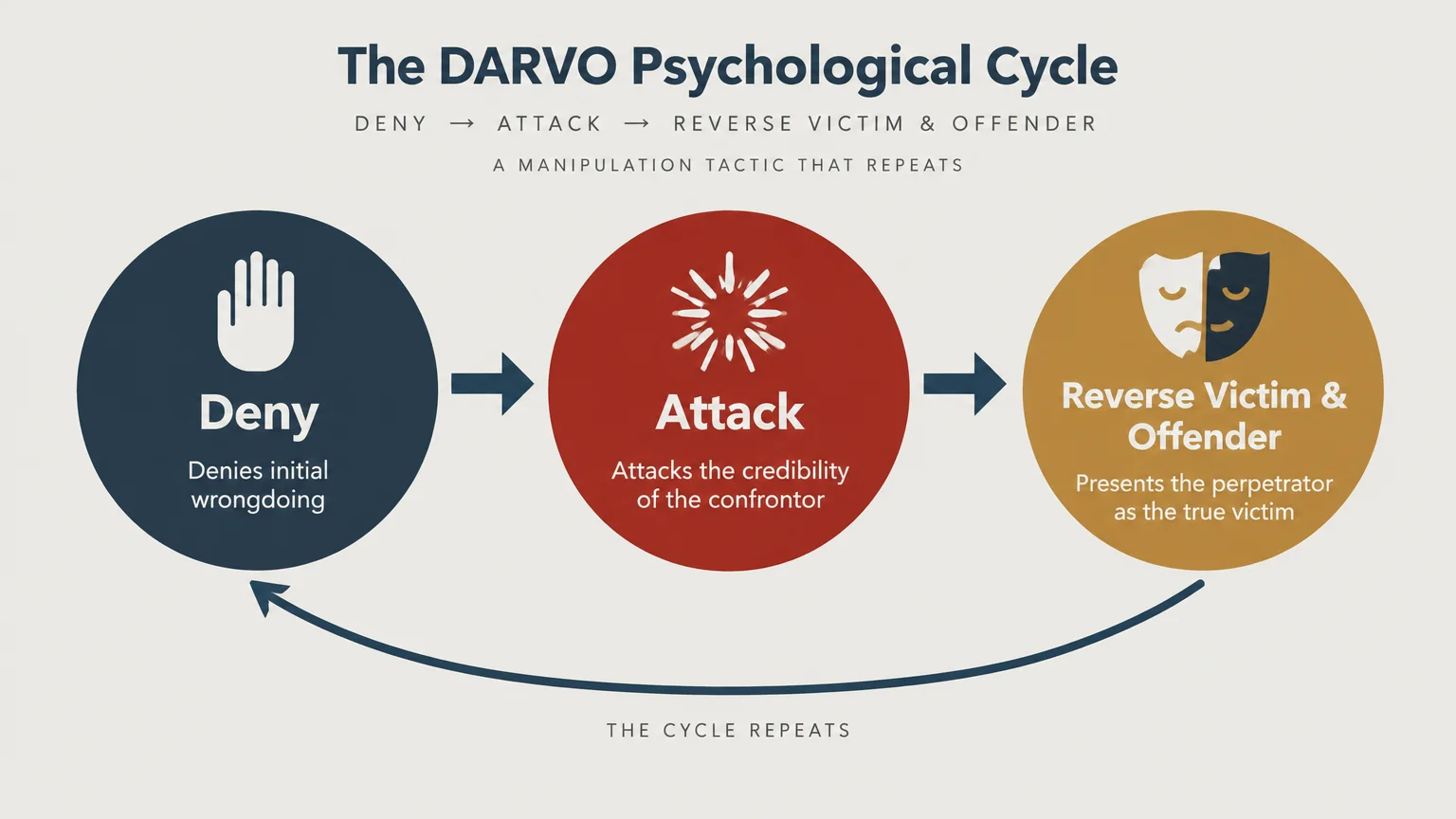 Diagram of the DARVO cycle showing three circular steps connected by arrows: Deny, Attack, and Reverse Victim and Offender.
