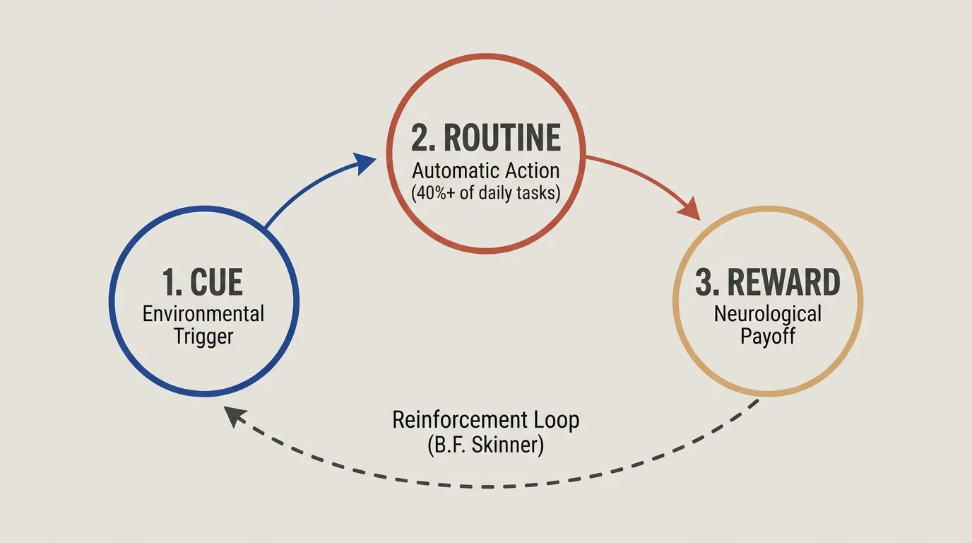 Diagram showing a three-step cycle with circular nodes for cue, routine, and reward connected by arrows.