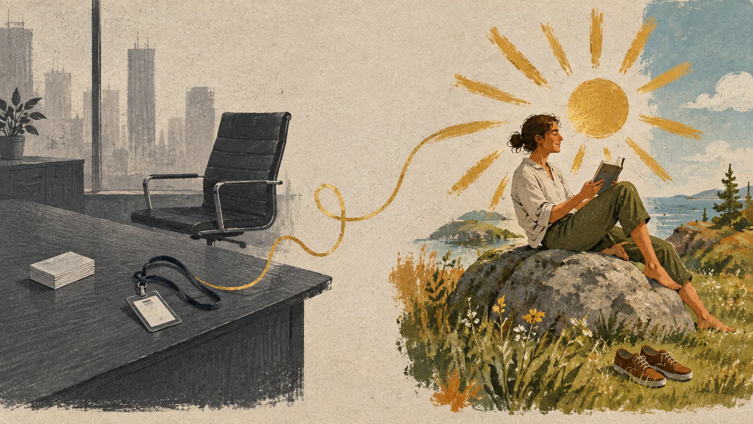 Split illustration of an empty office desk with an ID badge connected by a golden line to a person reading outdoors in the sun.