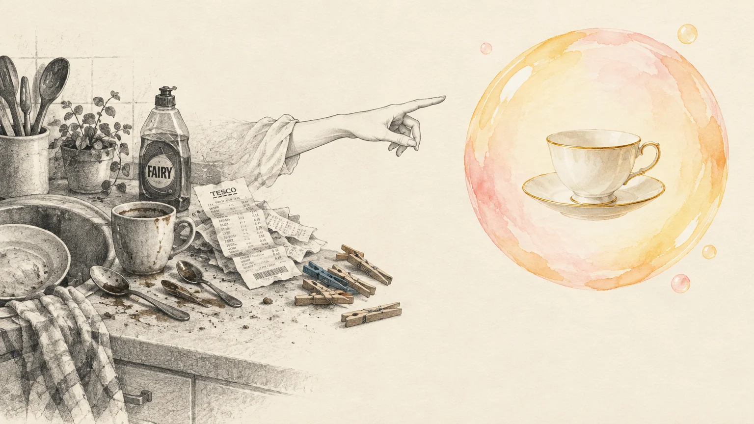Illustration of a hand pointing from a messy kitchen counter toward a delicate teacup floating inside a glowing bubble.