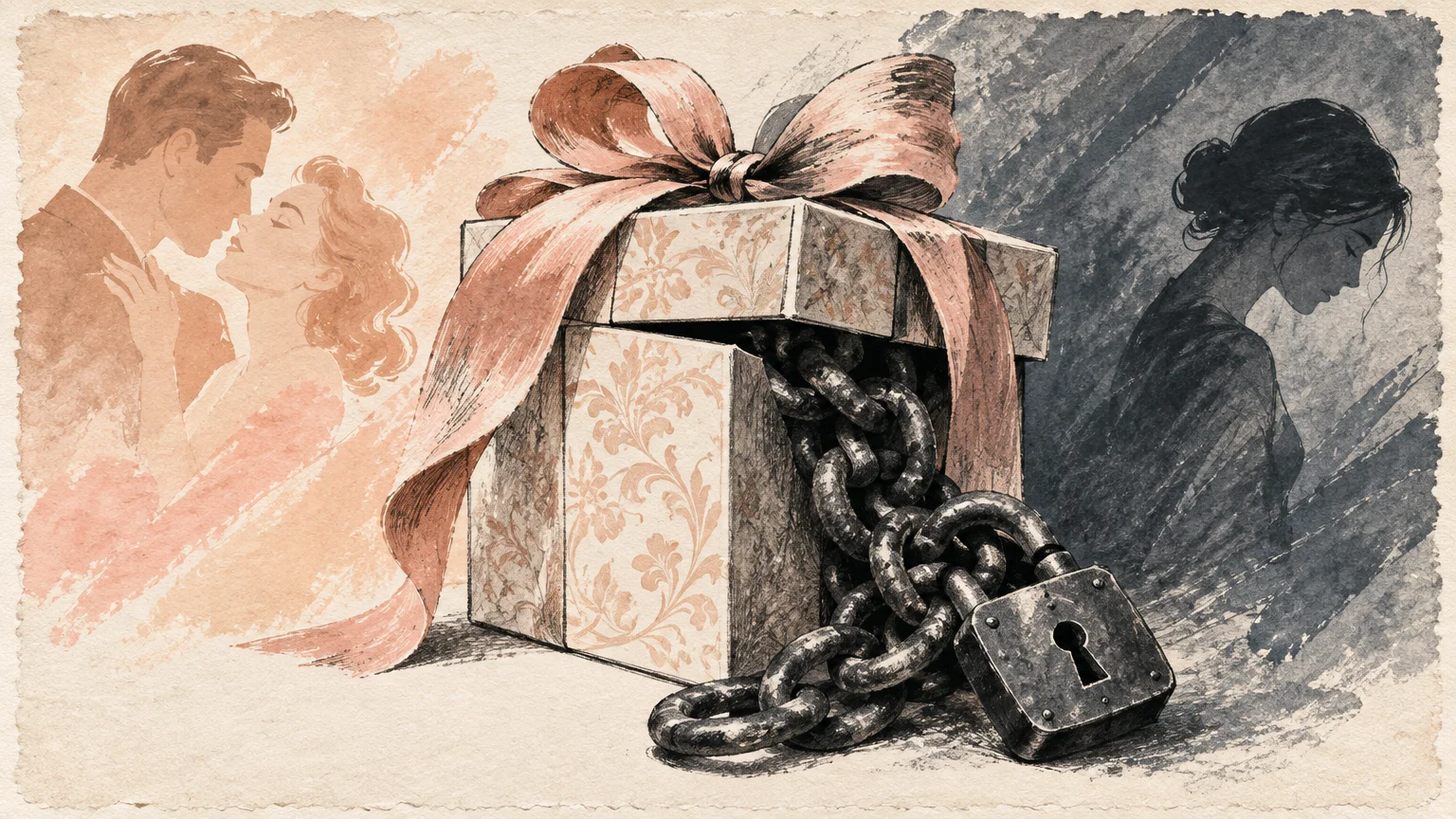 Illustration of a gift box spilling heavy chains and a padlock between a loving couple and a sad, solitary woman.