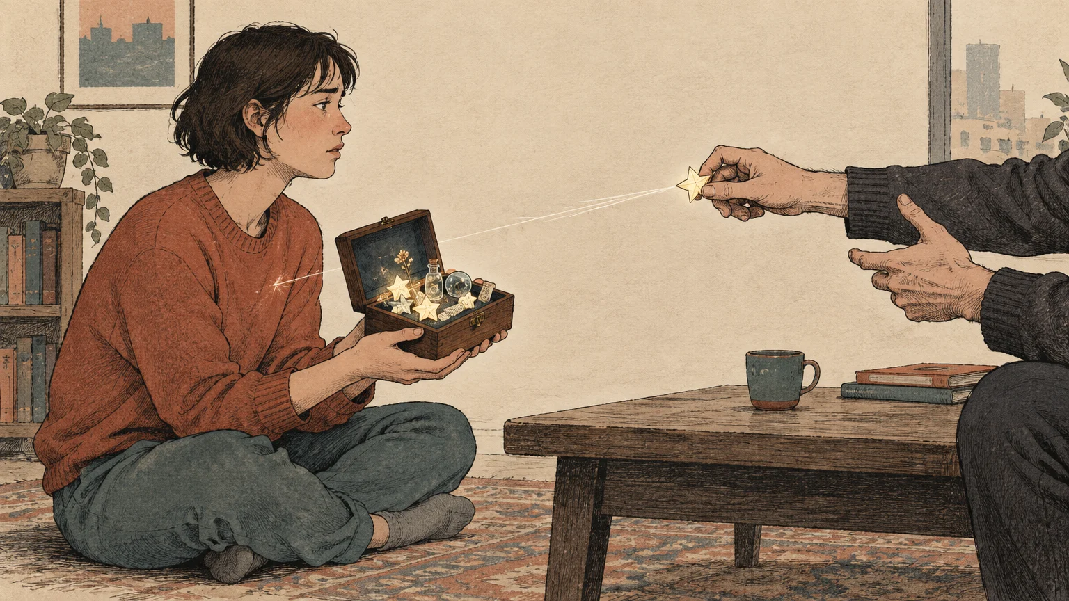 Illustration of a woman sitting on a rug holding a keepsake box as a man's hands take a glowing star from it.
